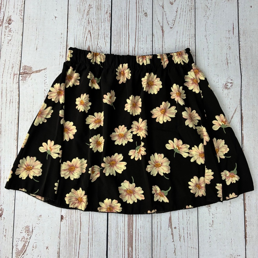 Miss Daisy Floral Mini Skirt Black Yellow Pink Daisy Elastic Waist Large USA